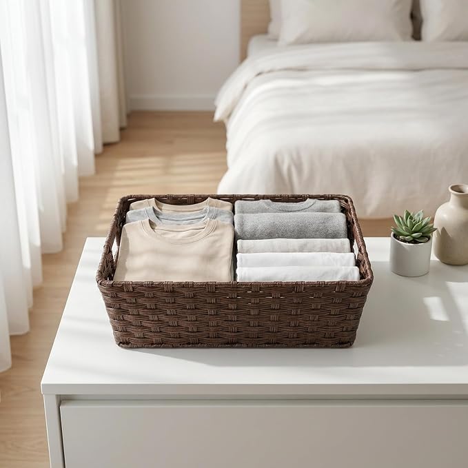 Large 2-Pack Plastic Wicker Storage Baskets, 17"x13"x5.5", Brown | onlytak woven bins for laundry, closet, living room, shelf organization, and even a cat bed – perfect home storage decor.