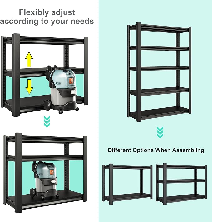 48" W Garage Shelving Heavy Duty, 3000LBS Loads Adjustable Garage Storage Shelves,5-Tier Metal Storage Racks and Shelving Units, Utility Rack Shelves,48" W x 24" D x 78" H,Black