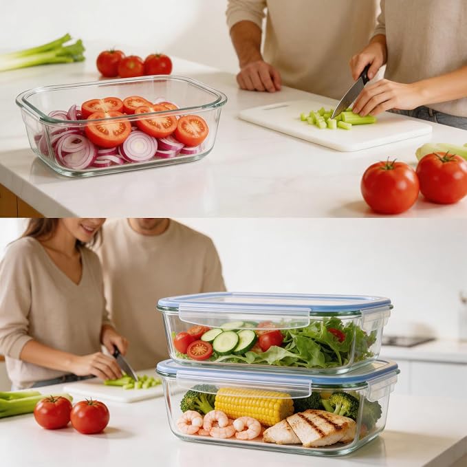 Liuruiyu 2 Pack 2260ml/76.4oz Glass Food Storage Containers with Lids, Meal Prep Containers, Airtight Bento Boxes with Leak Proof Locking for Microwave, Oven, Freezer and Dishwasher, BPA Free