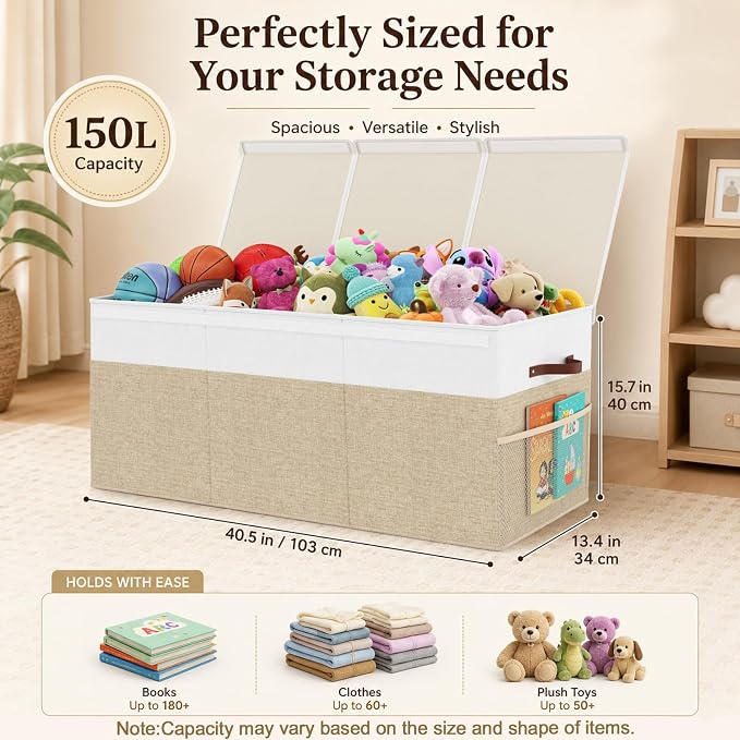 150L Extra Large Toy Storage Box with Lid for Boys Girls Nursery Playroom | Collapsible with Lid, Removable Divider, 40"x14"x16", Side Pockets, For Nursery, Living Room, Playroom