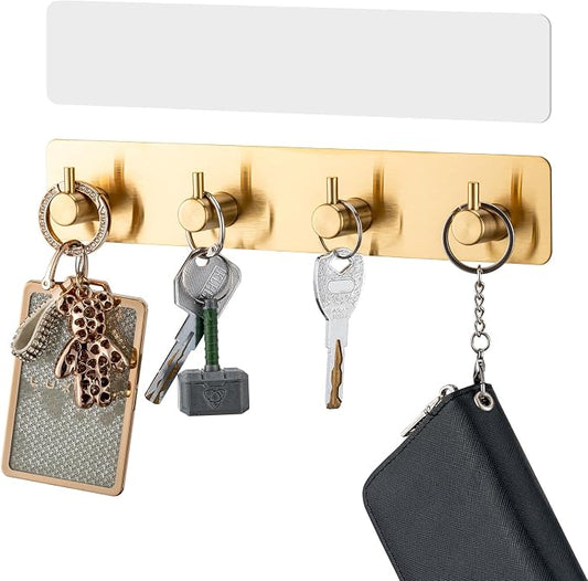 Key Holder with 4 Hooks,Adhesive Key Hanger Organizer for Wall Mount | Metal Key Rack with 2 Self-Adhesive Tapes for Entryway, Door, Bathroom, Kitchen(Golden)