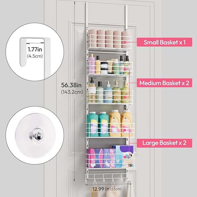 SWTYMIKI Over The Door Organizer - Door Organizer Hanging with 5 Adjustable Metal Large Capacity Basket and 6 Coat Hook, Wall Mounted Shelf for Bedroom Closet Bathroom Laundry Pantry Cabinet Kitchen