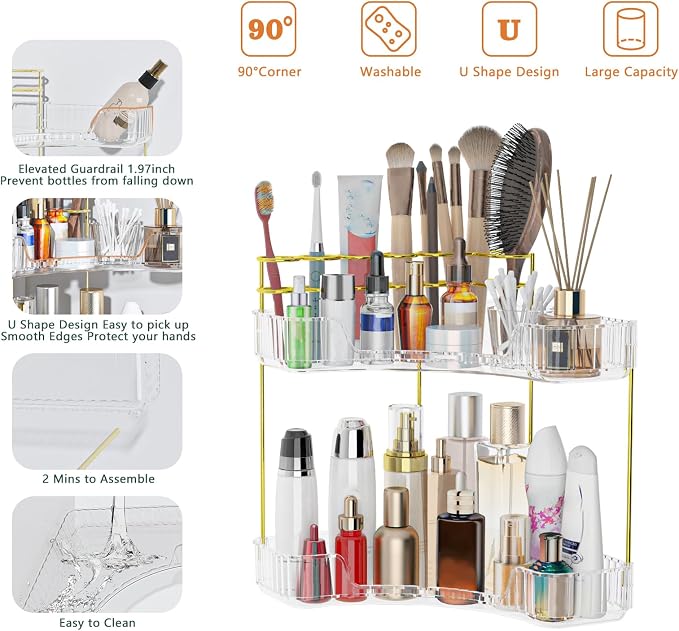 Webetop Corner Makeup Organizer 2 Tier Bathroom Storage with Brush Holder | Space-saving Corner Fit, Clear Acrylic Construction, Detachable Brush Slots, Non-Slip Base, Easy-access Tiered Design