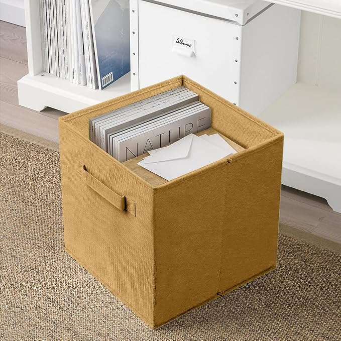 PowerKing Collapsible Storage Cubes, Farbic Storage Bins, Khaki, 6 Pack | Sturdy, Lightweight, Easy Pull Handle, Closet & Shelf Organizer, Clothes and Toys Storage, 10.5'' x 11'' x 10.5''