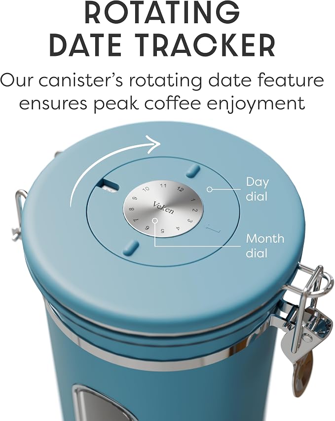 Veken Coffee Canister with Window, Airtight Stainless Steel Container, 22OZ | Date Tracker,Kitchen Food Storage Organizers for Beans, Ground, Espresso, Rice,Tea, Sugar,Cereal, Gifts,Lids,Jars,Scoop, Blue