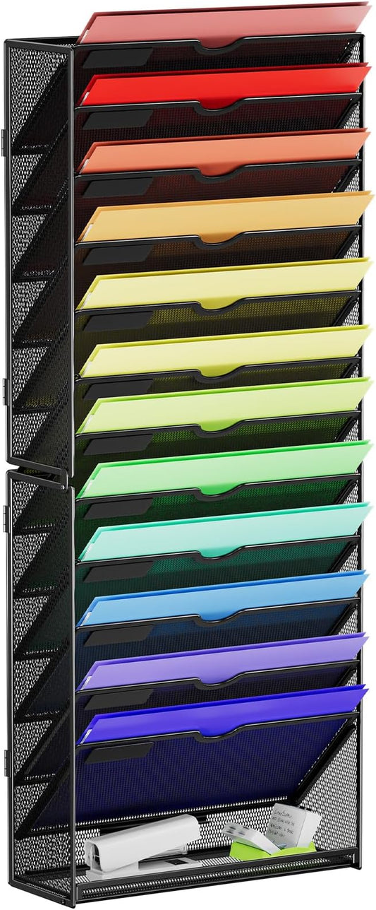 Marbrasse Wall File Holder 13-Tier Hanging Wall File Organizer, for Papers, Files Clipboard & Magazine Organizer, Wall Mount File Holder Great for Office Home (Black)