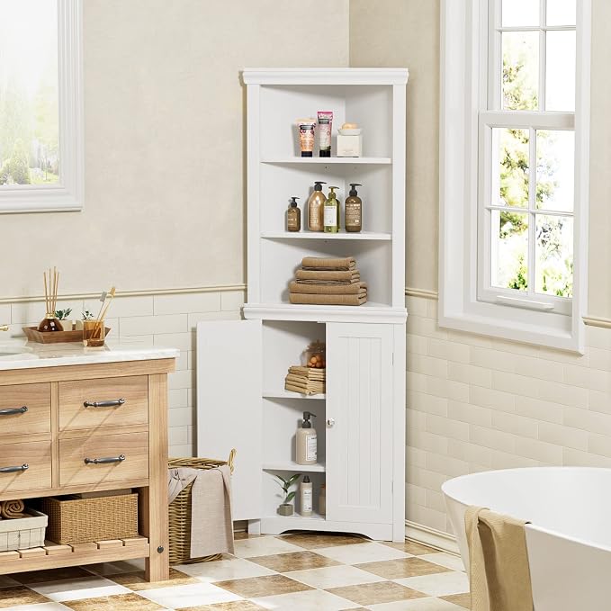 YESHOMY Corner Cabinet, Storage Cupboard with Doors | Tall Storage Cabinet with Adjustable Shelves, for Living Room, Bathroom, Kitchen, Warm White