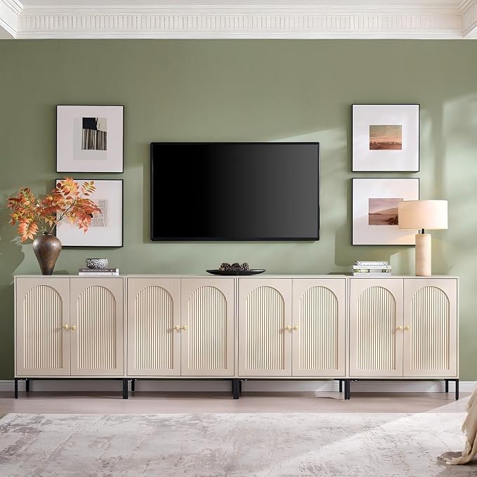 IFGET 123.5" W Modern Arched Sideboard Buffet Cabinet with Storage, Cream | Fluted Arch Sideboard Cabinet w/Adjustable Shelves, Wooden Modular Kitchen Cabinet for Dining& Living Room, Kitchen, Entryway