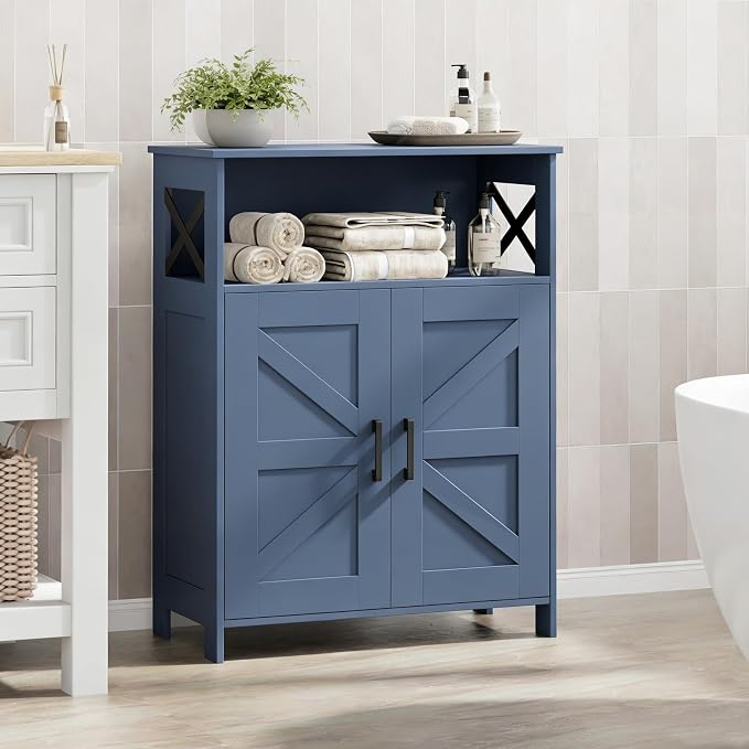 Homhedy Farmhouse Bathroom Storage Cabinet with Doors, Small Floor Cabinet | Toilet Paper Cabinet with Adjustable Shelf, Freestanding Storage Cabinet for Kitchen/Laundry/Living Room, 24"W, Blue