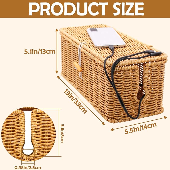 Cable Management Box, Handmade Rattan Cable Organizer Cord Basket | Open Slots Cords Hider Box Under Desk Cord Organizer for Computer Router USB Hub & Power Strip