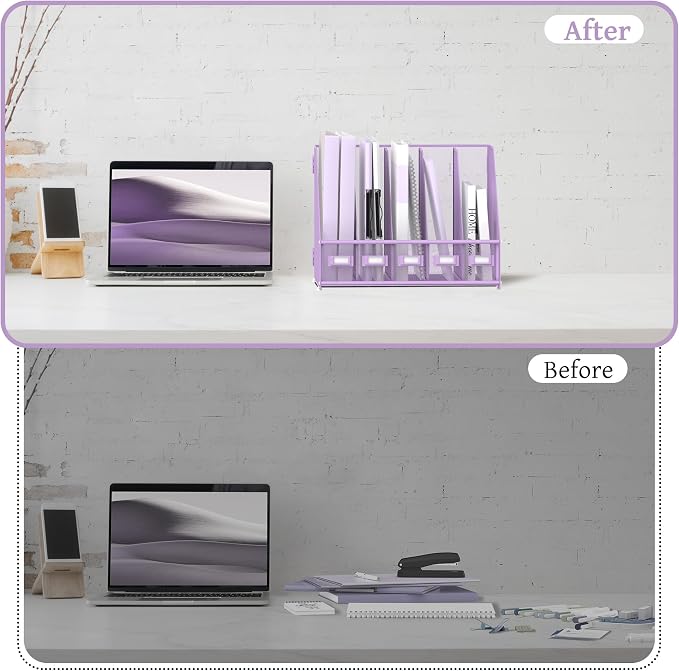 SUPEASY Desk Organizers Metal Desk Magazine File Holder with 5 Vertical Compartments Rack File Organizer for Office Desktop, Classroom, Home Workspace, Purple