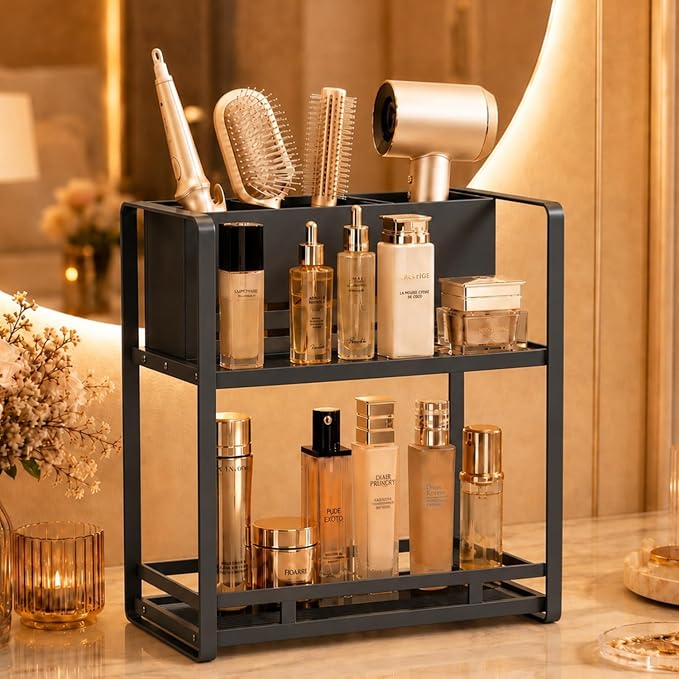 Bathroom Counter Organizer, Metal Vanity Shelf with Hair Dryer Holder | 2-Tier Hair Tool Organizer, Large Capacity Space-Saving, For Perfume,Skincare & Makeup Storage, Black