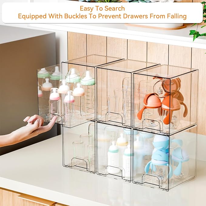 7.6" H Baby Bottle Organizer for Cabinet,4 Pack BPA FREE Bottle Storage Organizer Baby,Clear Stackable Storage Drawers for Makeup,Skincare,Beauty Products Bathroom Closet Organizers and Storage