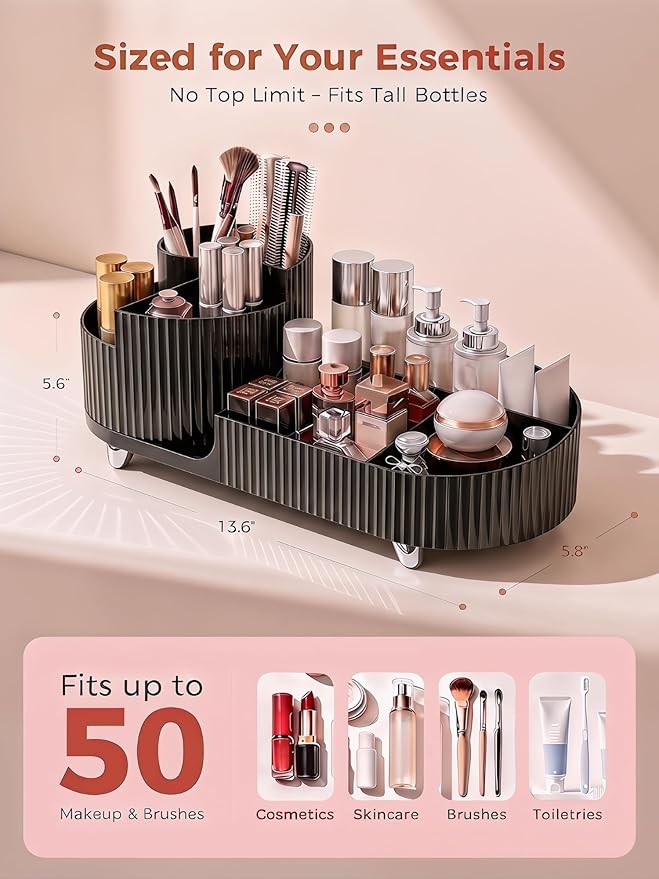 Booklov Rotating Makeup Organizer for Vanity Countertop, Black | Plastic Cosmetic Display Case, Large Beauty Brush Holder for Bathroom Counter, Skin Care Perfumes Storage
