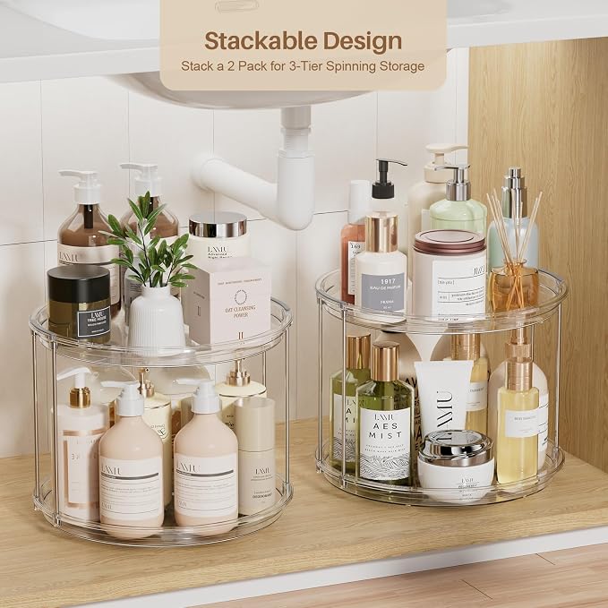LAMU 12in 2 Tier Lazy Susan Organizer Large Lazy Susan Turntable Rotating Spice Rack Organization for Cabinet, Kitchen, Pantry, Countertop, Bathroom, Vanity, Medicine Cabinet Organizer, Clear