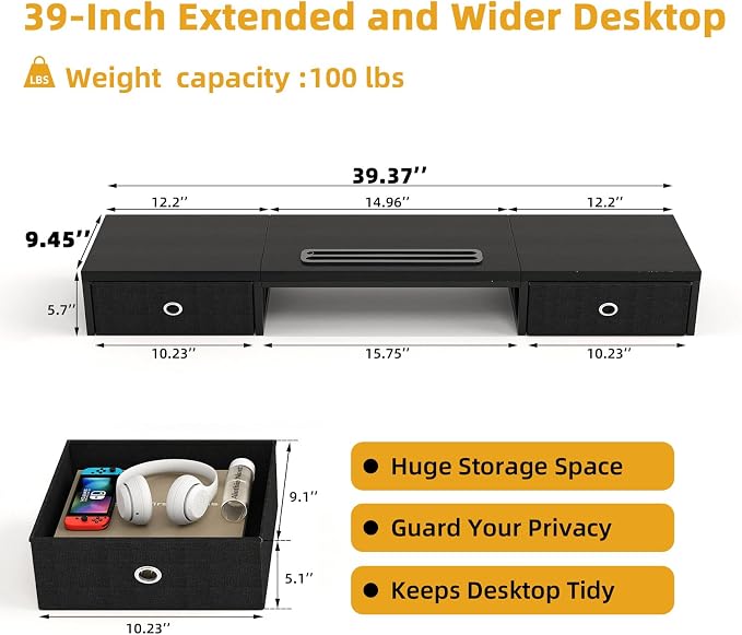 39 Inch Dual Monitor Stand Riser with 2 Drawers - Large Black Wooden Computer Stand for 2 Monitors, Ergonomic Desk Organizer with Phone Holder, Desktop Storage for Laptop, Office Supplies, Home Office