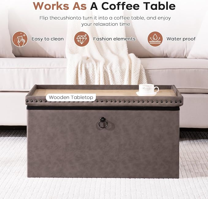 30 Inches Storage Ottoman Bench, Foldable Foot Rest with Rivet Design, 15 x 30 x 15 Inches, End of Bed Bench Footstool, Storage Chest, Load up to 330 lb, for Living Room, Bedroom, Entryway, Oak Brown