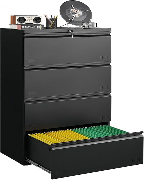 Guizeeopo Metal File Cabinet with Lock, 4 Drawer Lateral File Cabinets for Home Office, Heavy Duty Office Storage Cabinet for A4/Letter/Legal Size, Assembly Required(Black)