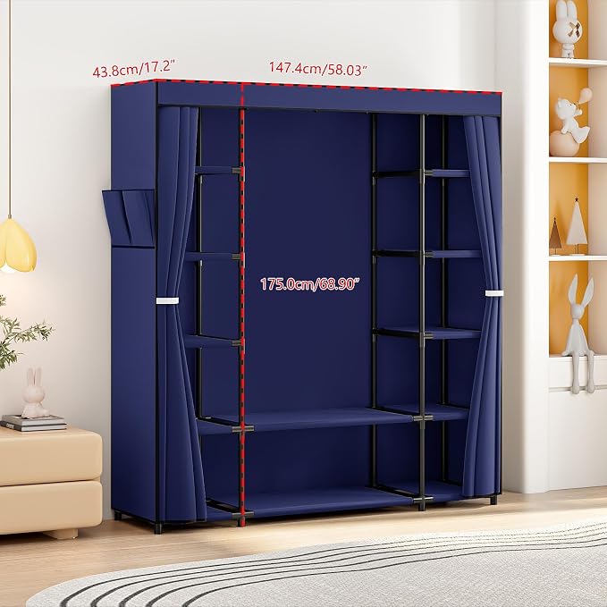 SORCEDAS Portable Closet Wardrobe Organizer Storage with Cover Non-Woben Fabric Portable Wardrobe Closet for Hanging Clothes Racks Shelving 33 Inch for Bedroom, Blue (Blue, 59Inch)