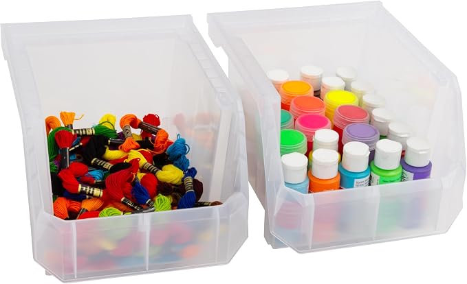 ReadySpace Medium-Tall Stackable Plastic Storage Bins, 4-Pack, Clear | Open-Front Stackable Bins For Garage, Pantry, Closet & Office, 7"L X 11"W X 8"H, Nests When Empty, Durable Plastic,
