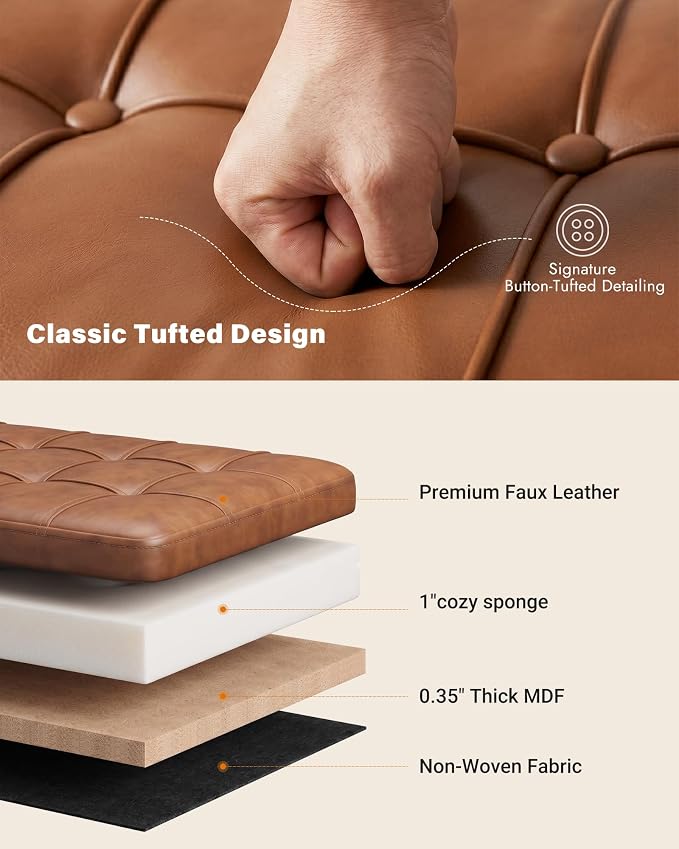 Storage Ottoman Bench, 43.7"PU Leather End of Bed Bench Walnut Brown | Bench with Large Hidden Storage, Tufted Upholstered Seat, Metal Legs, Mid-Century Modern, For Bedroom, Entryway, Living Room