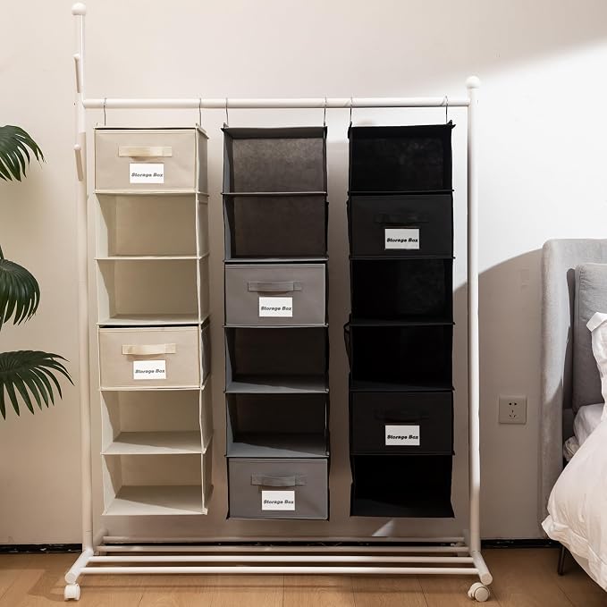 BrilliantJo 2 Pack 6 Shelves Hanging Closet Organizer with 2 Drawer, Hanging Storage with 4 Side Pockets for Clothes Shoes, 43.5"x12"x12"(Gray)
