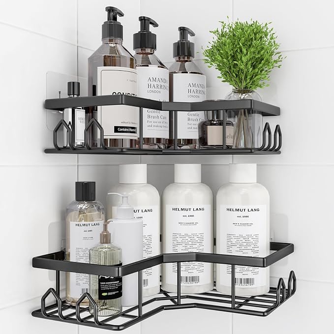 Adhesive Shower Caddy, 2 Pack Corner Bath Organizer, Rustproof Stainless Steel Shower Shelves with Large Capacity, No Drilling Shelves for Bathroom Storage, Home, Kitchen Décor(XL-Black)