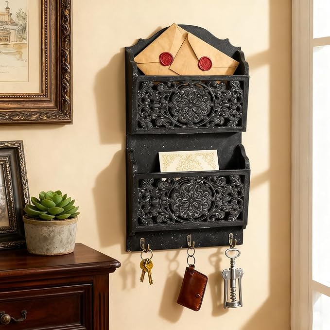 Rustic Key and Mail Holder for Wall Home Decorative,2-Slot Mail Organizer Wall Mount with 3 Hooks, Wooden Key Hangers Wall File Organizer Letter Sorter for Letter Magazines（Black）