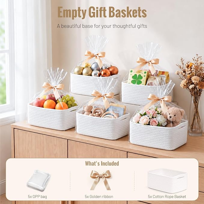 5 Pack White Small Woven Storage Baskets for Shelves, Cotton Rope Baskets Organizer for Bathroom, Closet & Nursery, Decorative Storage Bins for Organizing Socks, Toys, 11.8"x7.9"x4.7"