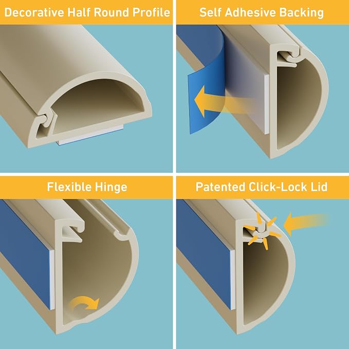D-Line 157in Cord Hider Kit, Patented Cable Cover, Hide Wires on Wall, Channel for TV Mount Cords, Raceway Wire Hiders, Paintable, Adhesive, Half Round, 10x 0.78in W x 0.39in H x 15.7in L, Beige