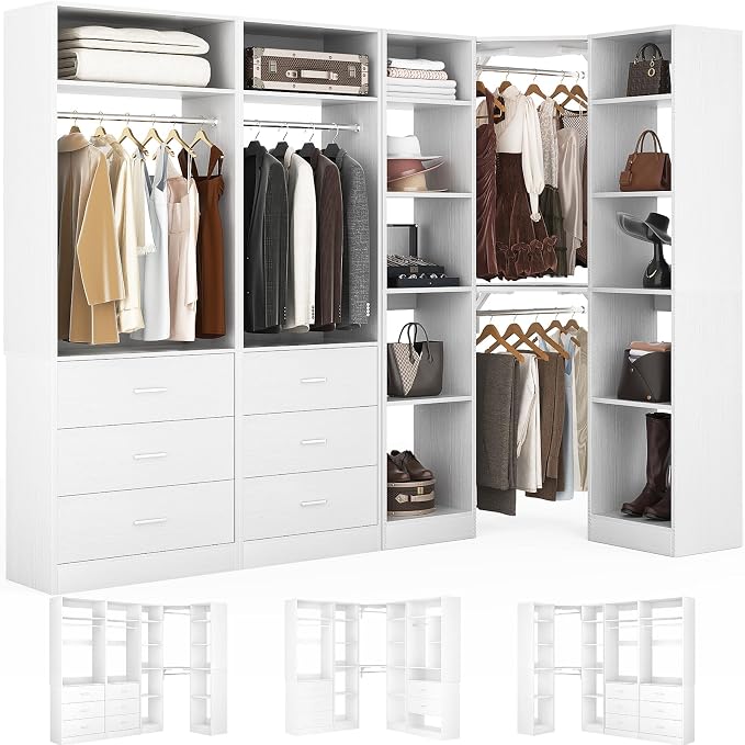 Besiost Corner Closet System with 6 Drawers, Closet Organizer System with 14 Shelves & 4 Hanging Rods, 87.2"L * 39.2"W / 63.2"L * 63.2"W Reversible L Shaped Walk-in Closets, Load 2500+LBS, White