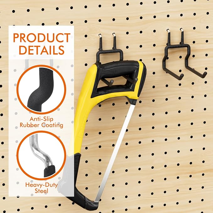 Utility Heavy Duty Pegboard Hooks, 5Pack Peg Board Accessories Tool Hangers | Fit 1/8" 1/4" Peg Holes, Double Arm Peg Board Bracket, Rubber Coated, Large Tool Organizer for Garage Workshop Shed Craftroom