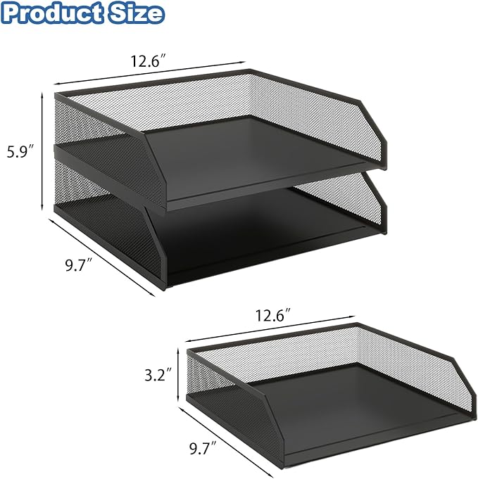 Natwind 2-Tier Stackable Metal Mesh Paper Organizer with Sliding Tray,Black | Desk Organizer for Office Supplies, Letter Tray For Desktop,File Holder For Home School Classroom Organization