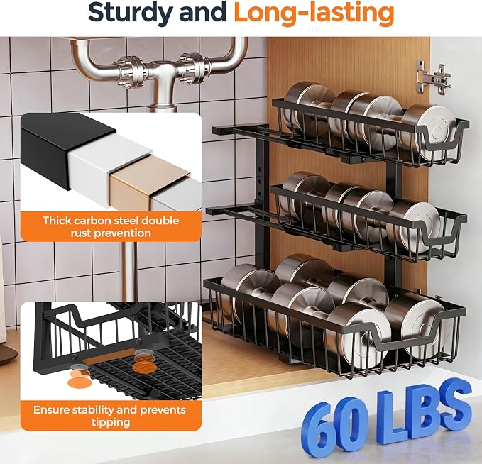 Under Sink Organizer, 2-Pack 3-Tier Height Adjustable Thickened Metal Pull out Cabinet Organizer Shelf, Slide out Storage Drawer Rack for Bathroom Kitchen Pantry Home Laundry Organization (Black)