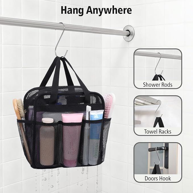 Mesh Shower Caddy Portable with Zipper - 2-Handle Shower Bag for Dorm | 8 Deep Pockets, S-Hook, Quick-Dry Mesh, College Dorm Room Essentials for Girls, Camping, Gym, Travel & Bathroom, Black