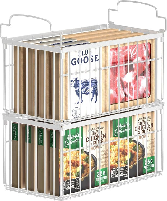 MSERCUOR Freezer Organizer Bins, 2 Pack Stackable Deep Chest Freezer Organizer Bins, Foldable Baskets with Handles, White Storage Container Baskets for 5/ 7 Cu.FT Sort Frezen Meats