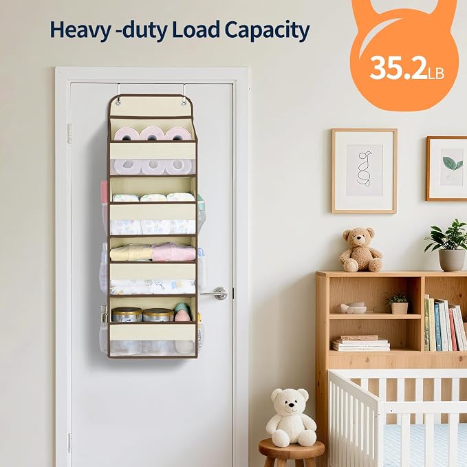 Yecaye Over The Door Organizer, Heavy Duty Hanging Organizers and Storage with 4 Large Capacity Pockets, Swing-Proof Behind The Door Storage for Bathroom Nursery Bedroom Dorm Closet, Beige,1Pc