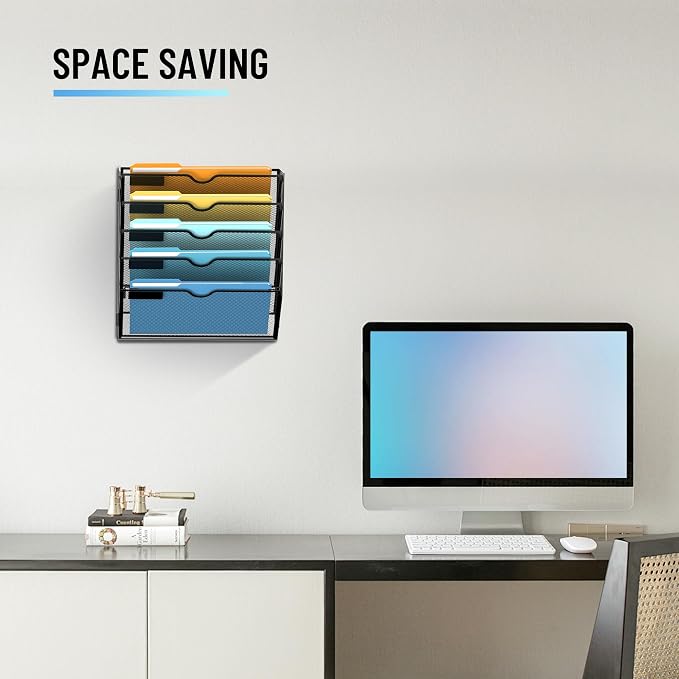 5-Tier Hanging Wall File Organizer with Hooks for Office Organization | Mesh Wall File Holder, Mail Organizer Wall Mounted for Papers, Documents, Folders and Magazines in Home Office, Classroom