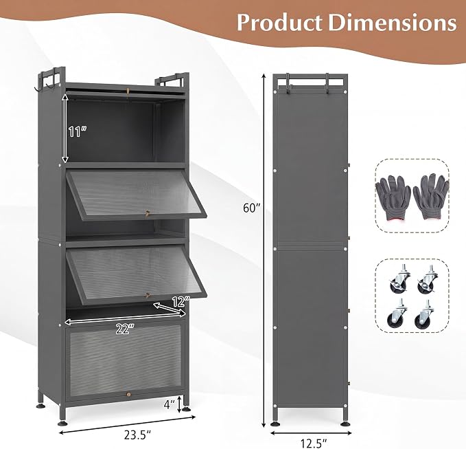 Giantex 5-Tier Kitchen Storage Cabinet, Freestanding Metal Pantry Cabinet w/ 4 Flip-up PC Doors, 4 Hooks & Adjustable Feet, 60” Tall Bakers Rack Microwave Stand for Dining Room, Living Room, Grey