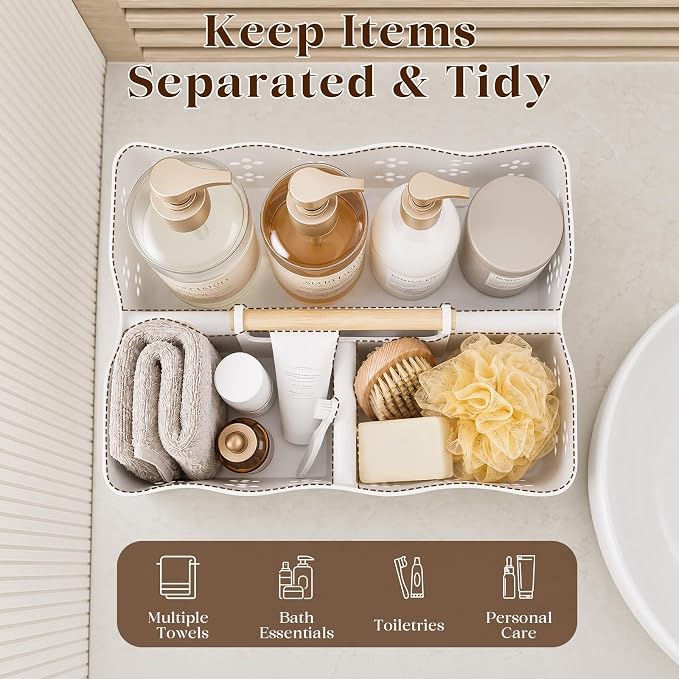 GVY Plastic Shower Caddy Portable, Large Capacity Shower Basket with Handle, Divided Bathroom Toiletry Organizer, Quick-Drain Shower Caddy for College Dorm Beach Kitchen Essentials, White.