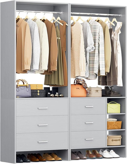 Aheaplus Closet System with 6 Drawers, 4.5ft Wood Closet Organizer System, Walk-in Closet or Small Closets Wardrobe, Clothes Rack with Hanging Rods, Set of 2 Grey