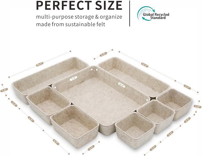 Welaxy 8pc Nordic Felt Desk Drawer Organizer Tray Beige Oatmeal Storage Bin | Sustainable material soft yet sturdy,multi-purpose storage, sleek minimalist lifestyle