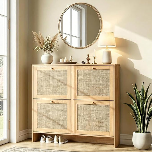 Nicetree Modern Rattan Shoe Cabinet, 4 Flip Drawers & Adjustable Shelves, Ultra Slim Freestanding (9.5” Deep), Holds 24+ Pairs, Narrow Shoe Storage Cabinet with Anti-Tip Safety,Sun-Drenched Ambe