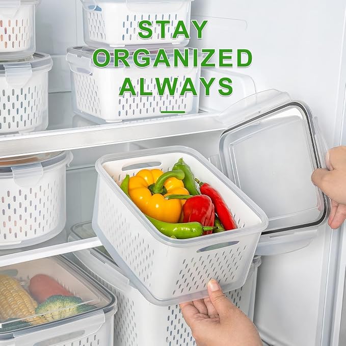 5 PCS Large Fruit storage Containers for Fridge with Colanders and Choppers | Leakproof Food Storage Containers with Lids, Dishwasher Microwave Safe Produce Containers to Keep Fruits Vegetable Fresh