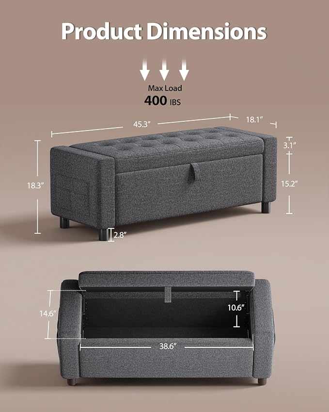 Amada 46" Ottoman with Storage, Side Pocket, Safety Hinge, Dark Gray | 30 gallon (112 liter) hidden storage, holds 400 lbs, 0.35" thicker wood panels, 3.14" thick foam, for end of bed, living room