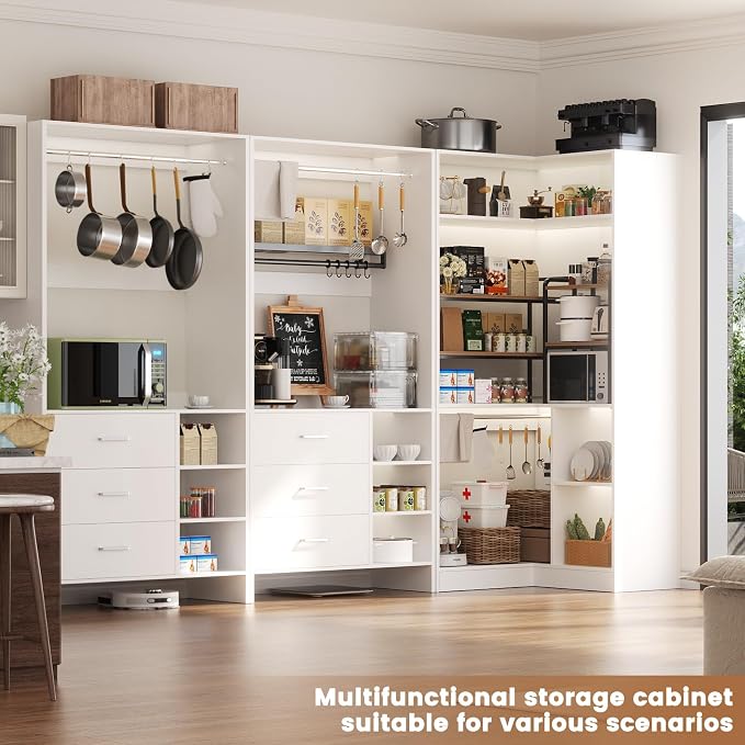 Aheaplus Closet System with 6 Drawers, 4 Hanging Rods & Corner Tower, Corner Closet System with Hanging, 92.6" L-Shaped Walk-In Wardrobe Organizer, 2000+ lbs Capacity, Set of 3, White
