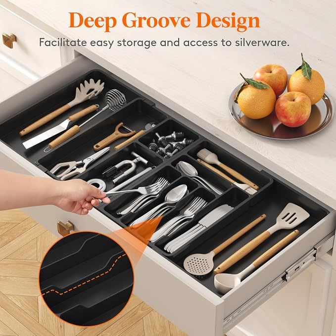 Lifewit Utensil Organizer for Kitchen Drawer, Expandable Cooking Tray | Adjustable Cutlery Flatware Holder, Plastic Silverware Spatula Tools Storage Divider, 21.3- 36 x 16.9", Black