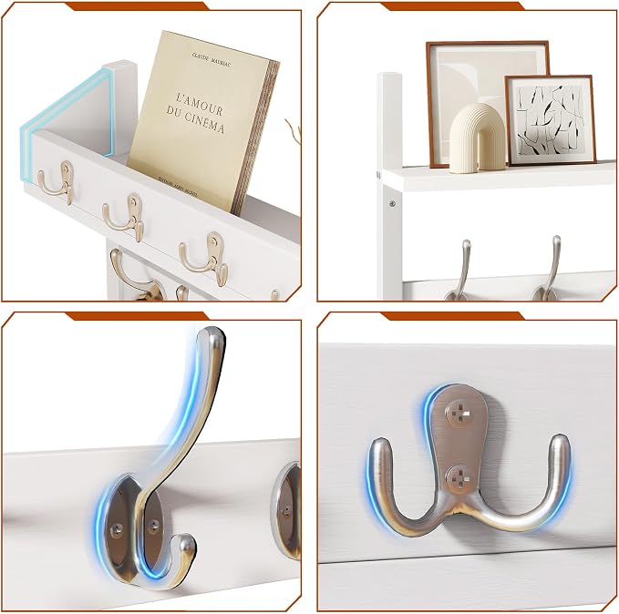 YMYNY 31.5" Coat and Key Rack Wall Mount with Shelf, White, HWS007W-2 | 4-in-1 Coat and Key Hanger with 12 Metal Hooks, Entryway Wall Shelf with Hooks & Mail Holder for Living Room, Bedroom