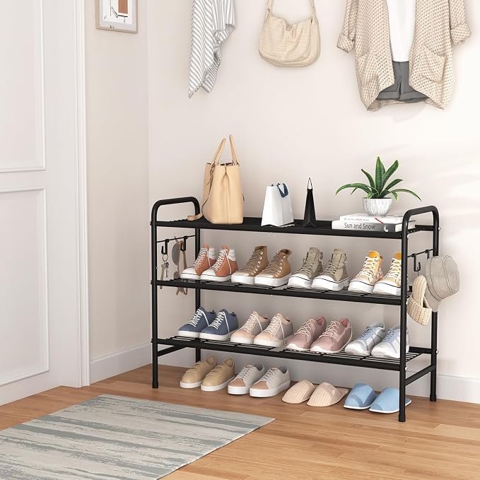 VILICK 3 Tier Shoe Rack 33" Wide Metal Shoe Organizer, Black | Long Shoe Storage, 4 Side Hooks, Sturdy Shoes Shelf, For Front Door Entrance, Closet, Garage, Dorm