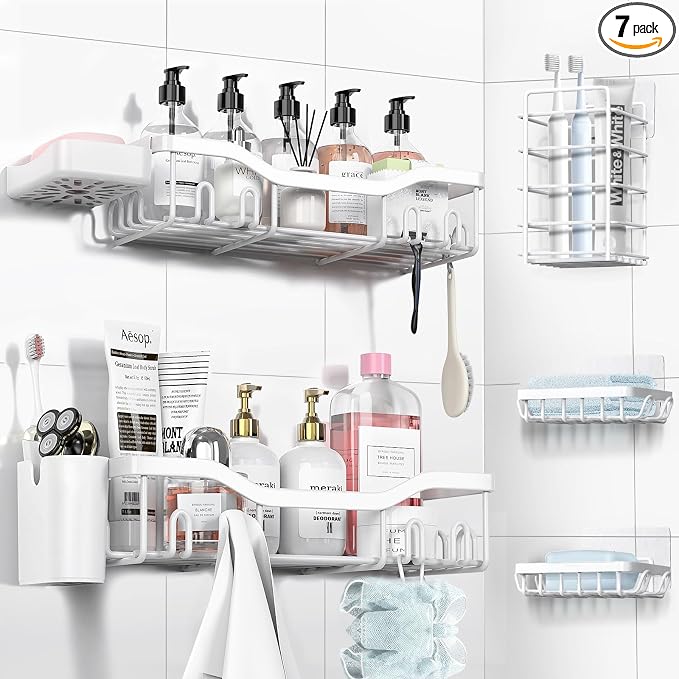 NESOMI Shower Caddy Adhesive Shower Organizer 7-Pack, Rustproof Stainless Steel Bathroom Shelves, Large Capacity No-Drill Rack Storage Accessories with Soap Dish Toothbrush Holder Hooks